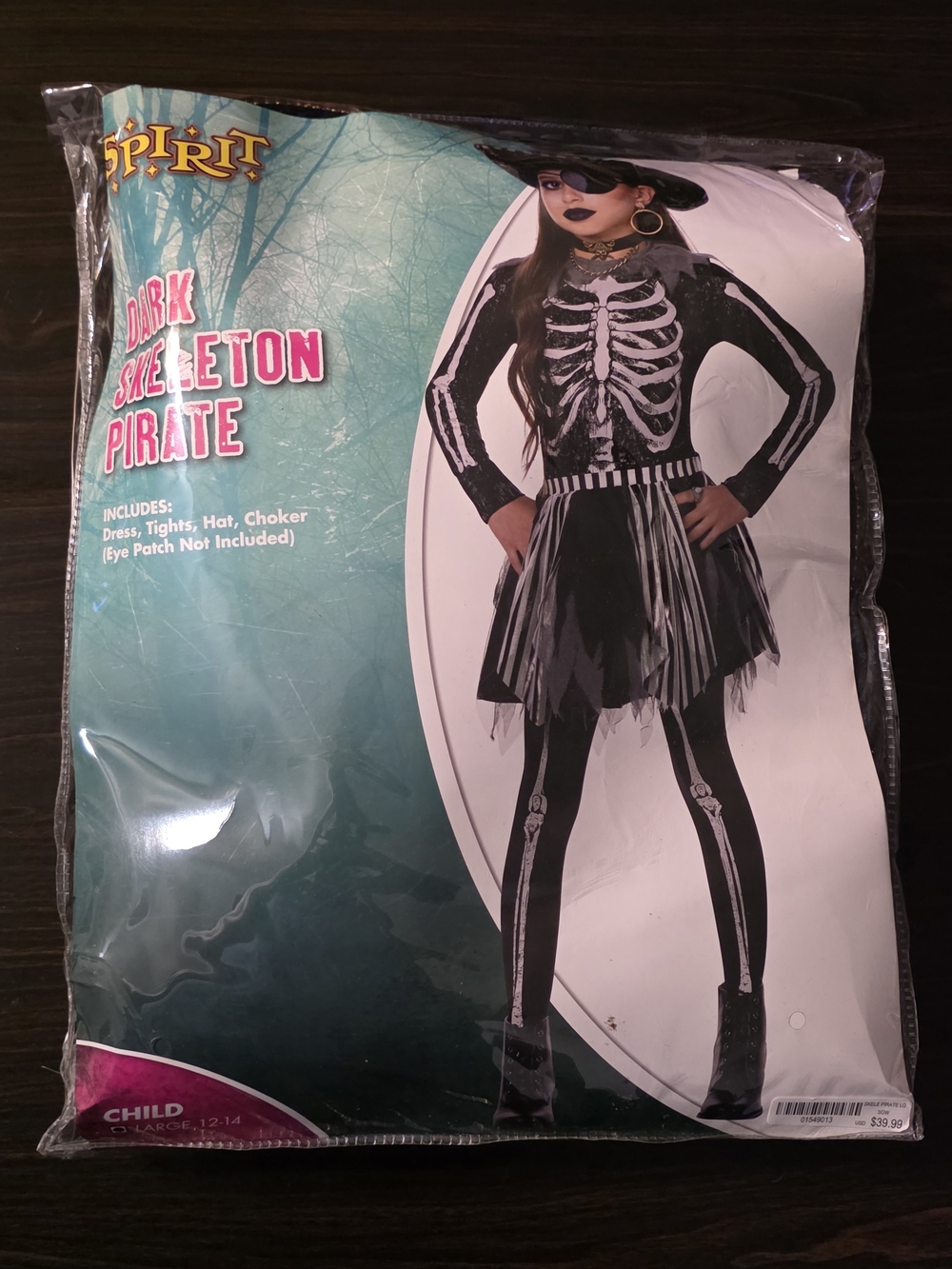 Spirit Dark Skeleton Pirate Kids Girls Costume - Size Large 12/14
